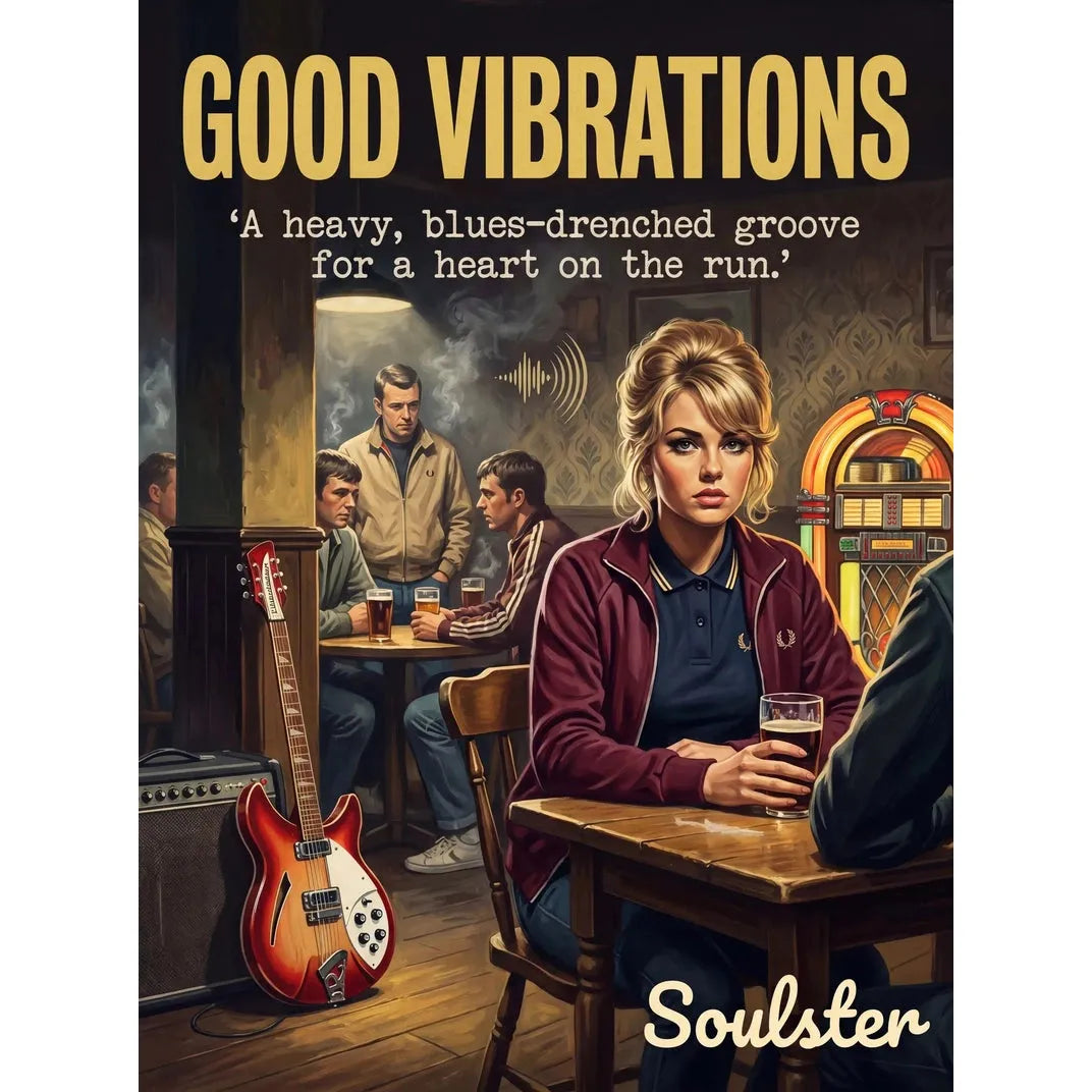 Soulster retro pulp thriller book cover style art print illustration inspired by Alternative Indie - Good Vibrations.