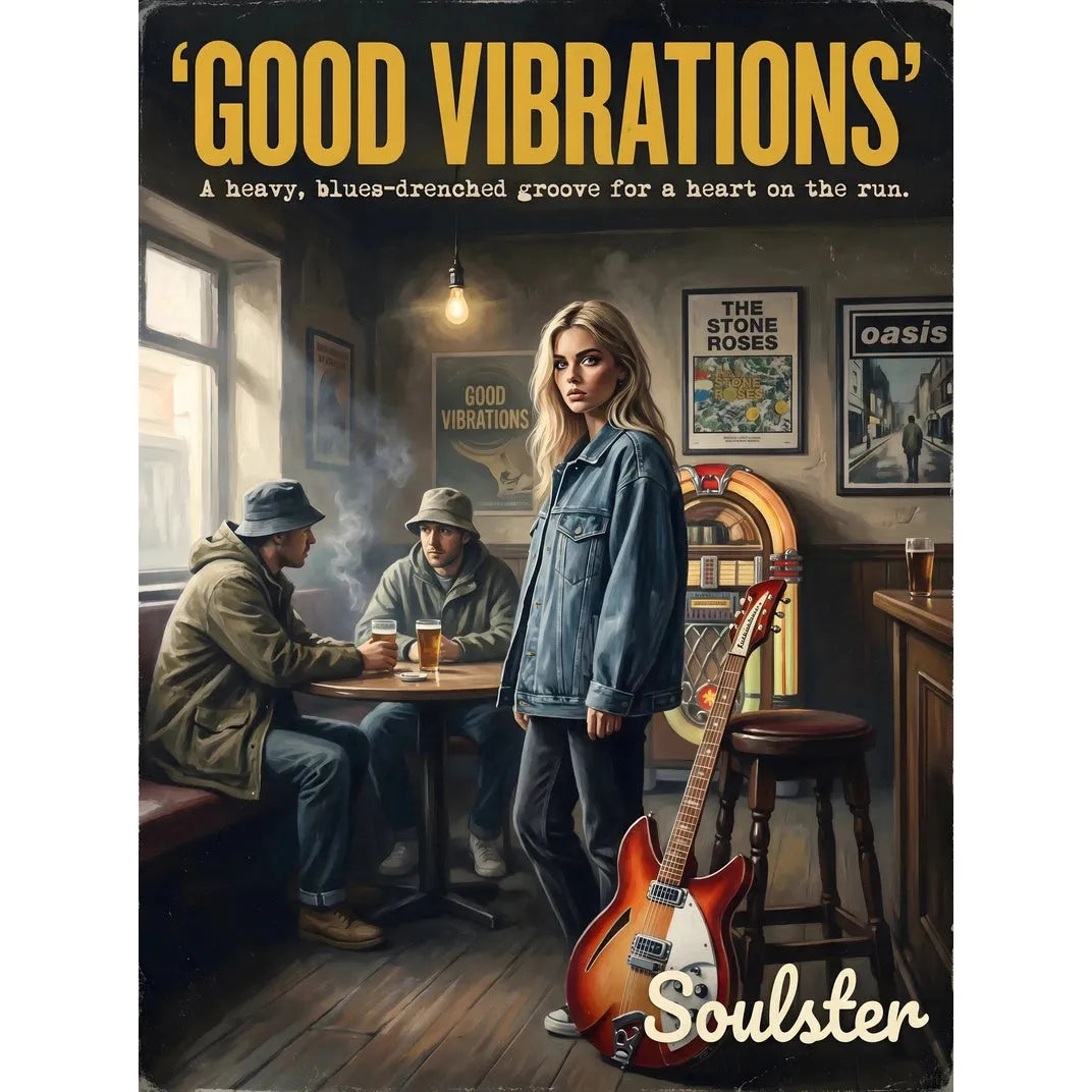 Soulster cinematic vintage pulp book cover art print illustration styled in a classic 1990s design layout inspired by Good Vibrations.