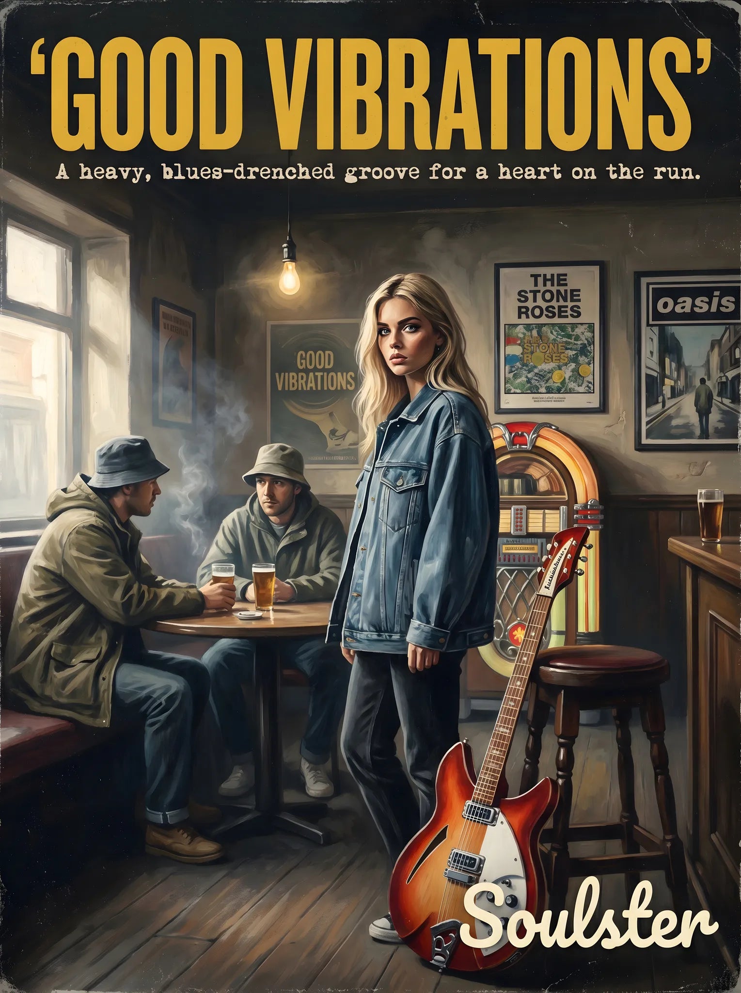 Soulster cinematic vintage pulp book cover art print illustration styled in a classic 1990s design layout inspired by Good Vibrations.