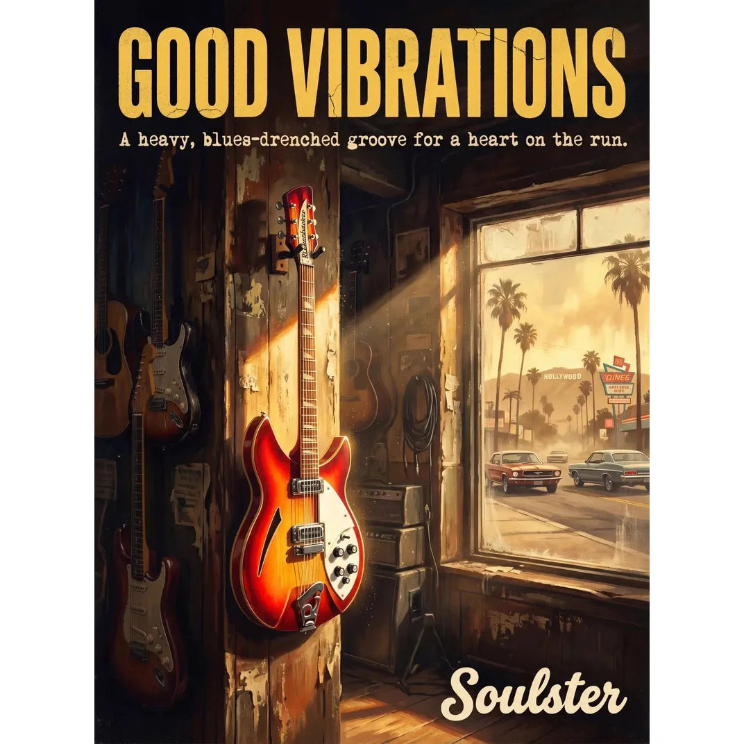 Soulster Manchester Edition wall art print showing a cinematic pulp style design of a Rickenbacker 330 inspired by Good Vibrations - Los Angeles.