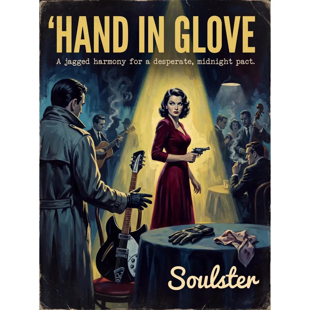 Soulster cinematic vintage pulp book cover art print illustration styled in a classic 1950s design layout inspired by Hand In Glove.