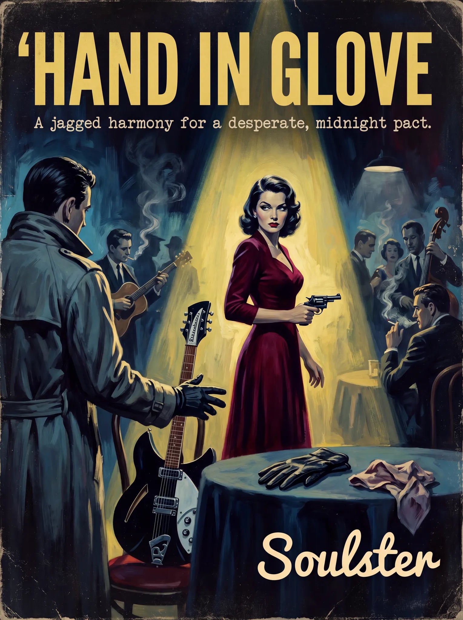 Soulster cinematic vintage pulp book cover art print illustration styled in a classic 1950s design layout inspired by Hand In Glove.