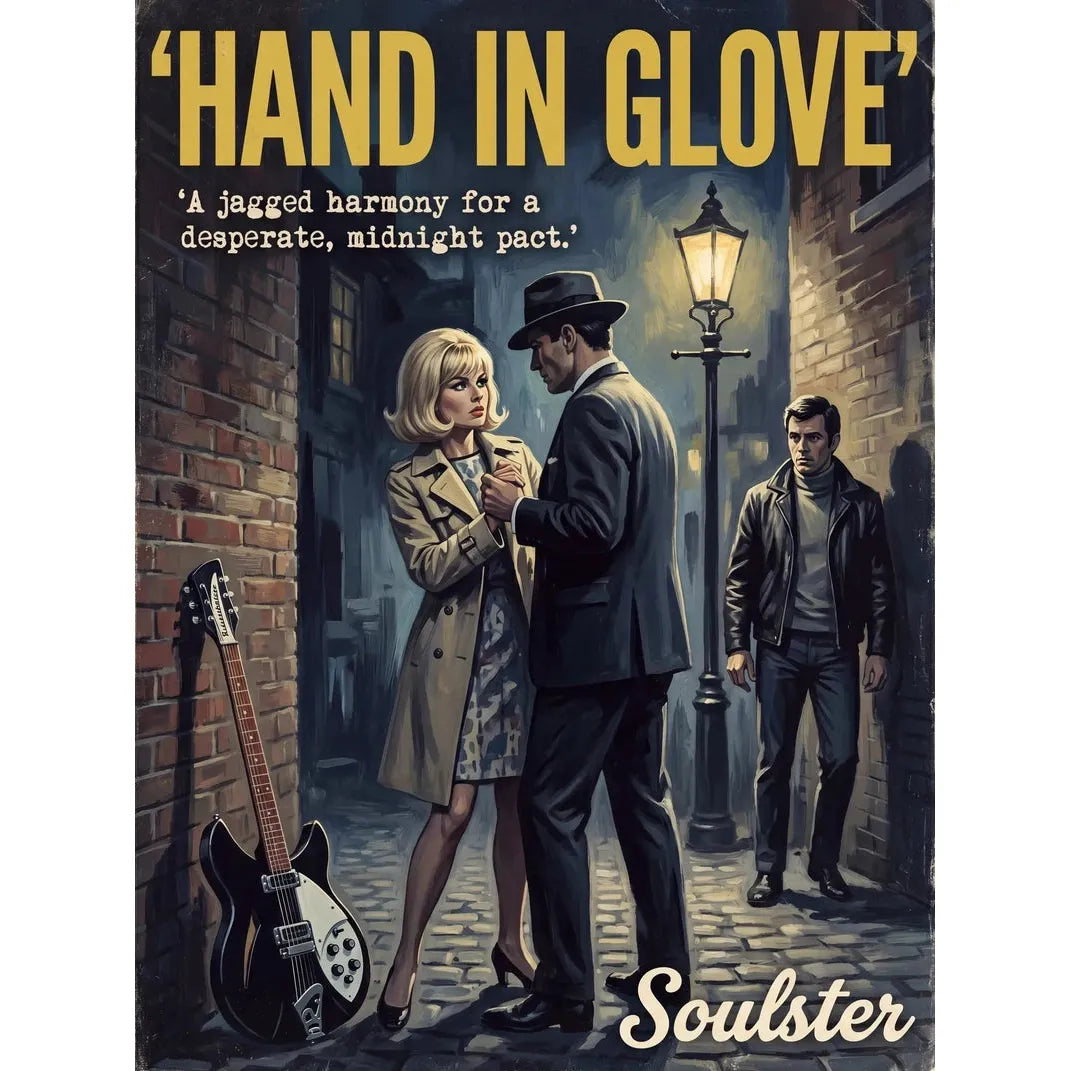 Soulster cinematic vintage pulp book cover art print illustration styled in a classic 1960s design layout inspired by Hand In Glove.