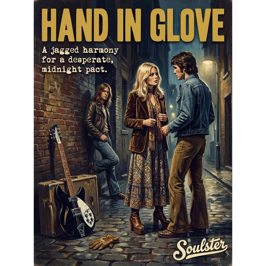 Soulster cinematic vintage pulp book cover art print illustration styled in a classic 1970s design layout inspired by Hand In Glove.