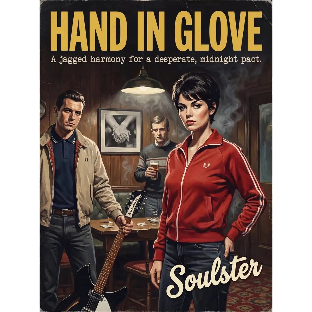 Soulster retro pulp thriller book cover style art print illustration inspired by The Smiths - Hand In Glove.