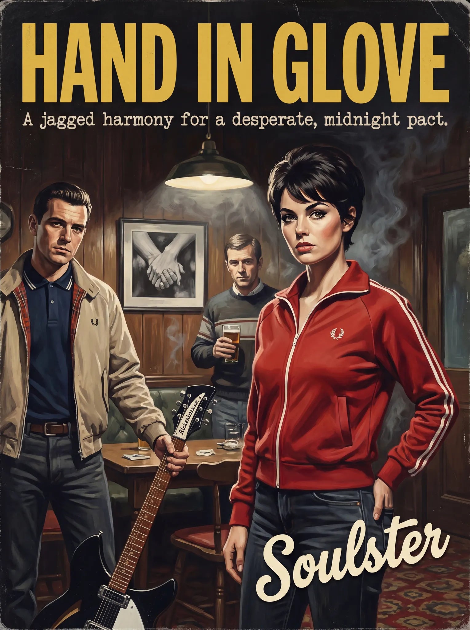 Soulster retro pulp thriller book cover style art print illustration inspired by The Smiths - Hand In Glove.