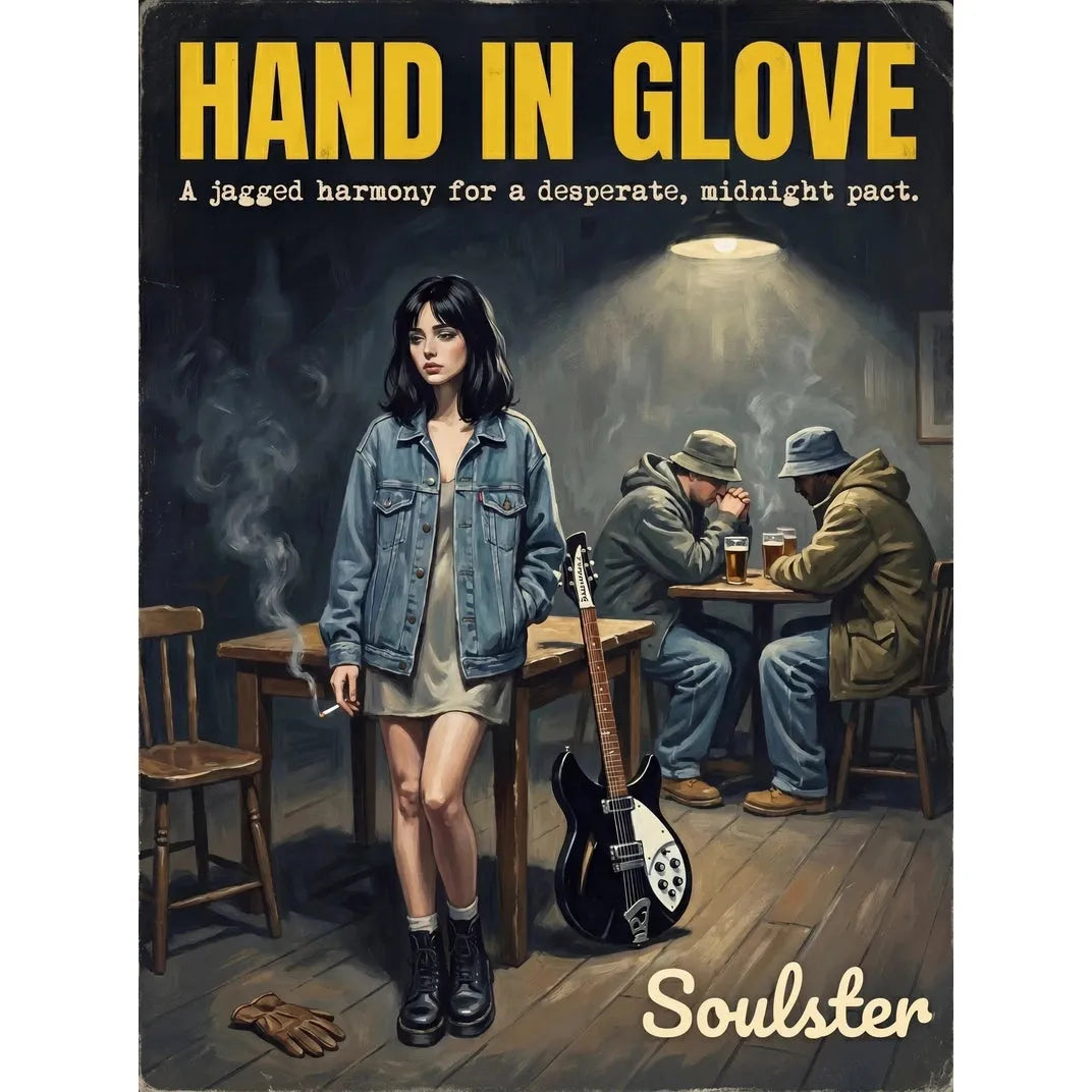 Soulster cinematic vintage pulp book cover art print illustration styled in a classic 1990s design layout inspired by Hand In Glove.