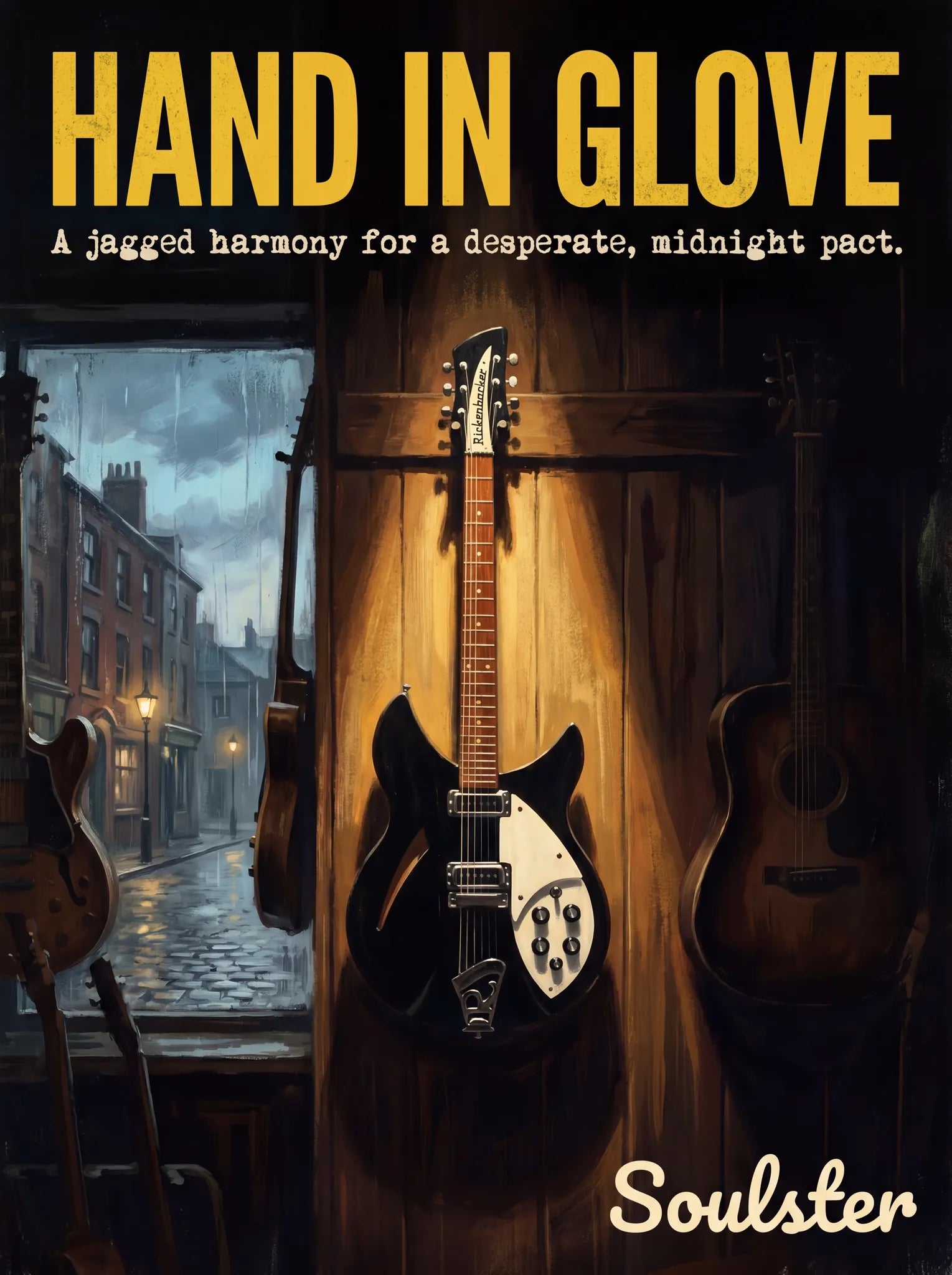 Soulster Manchester Edition wall art print showing a cinematic pulp style design of a Rickenbacker 330 inspired by Hand In Glove.