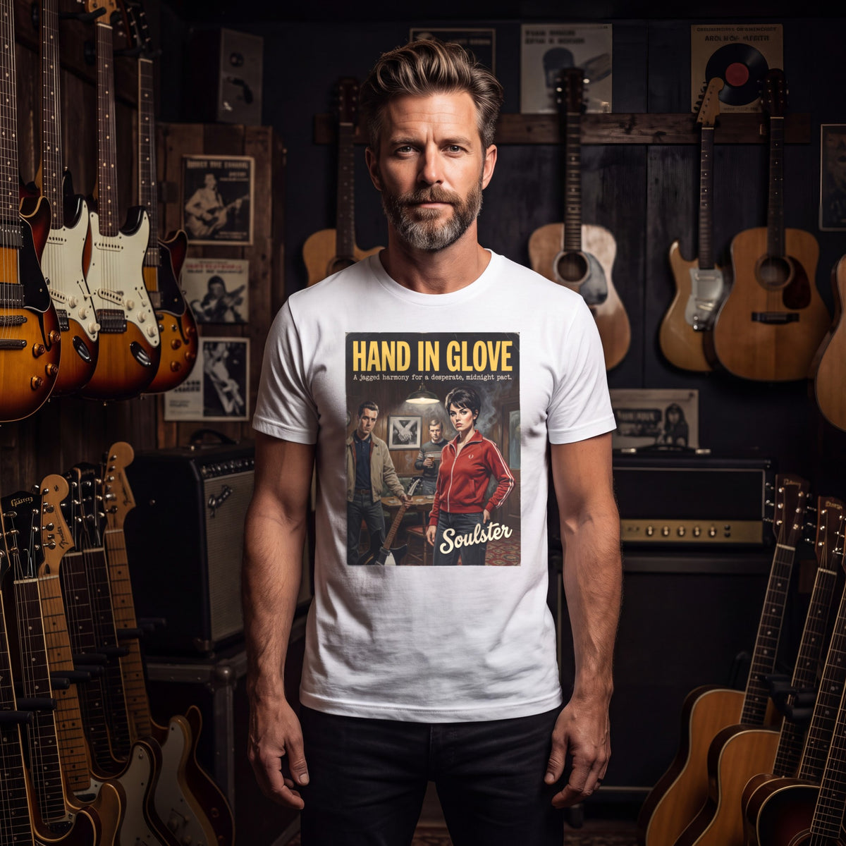 Man wearing the Hand In Glove T-Shirt - Kitchen Sink Edition among vintage guitars and amplifiers.