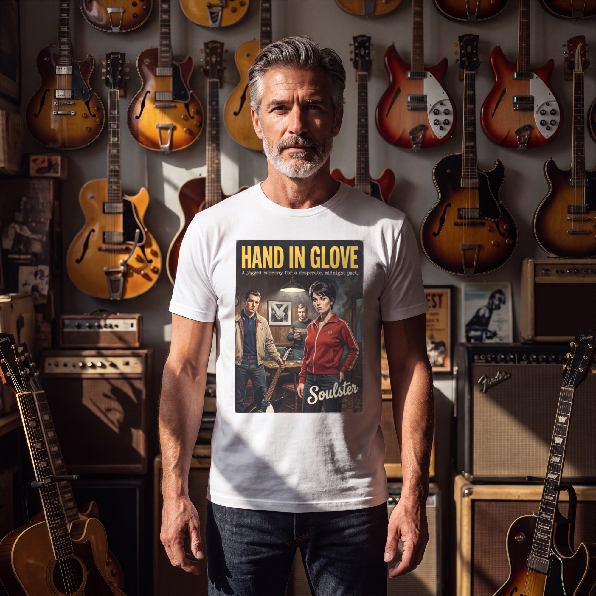 Man wearing the Hand In Glove T-Shirt - Kitchen Sink Edition in a guitar shop in natural daylight.