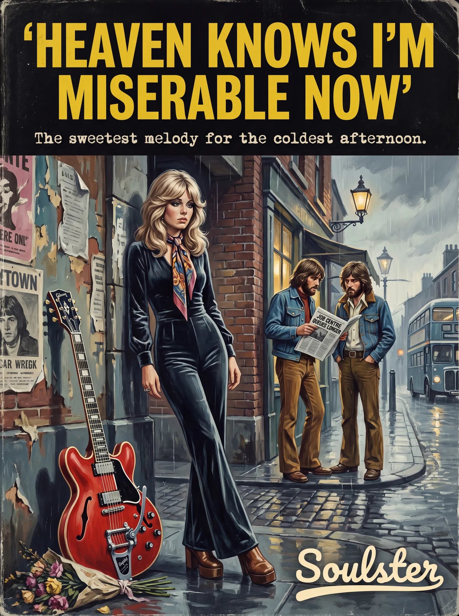 Soulster cinematic vintage pulp book cover art print illustration styled in a classic 1970s design layout inspired by Heaven Knows I'm Miserable Now.
