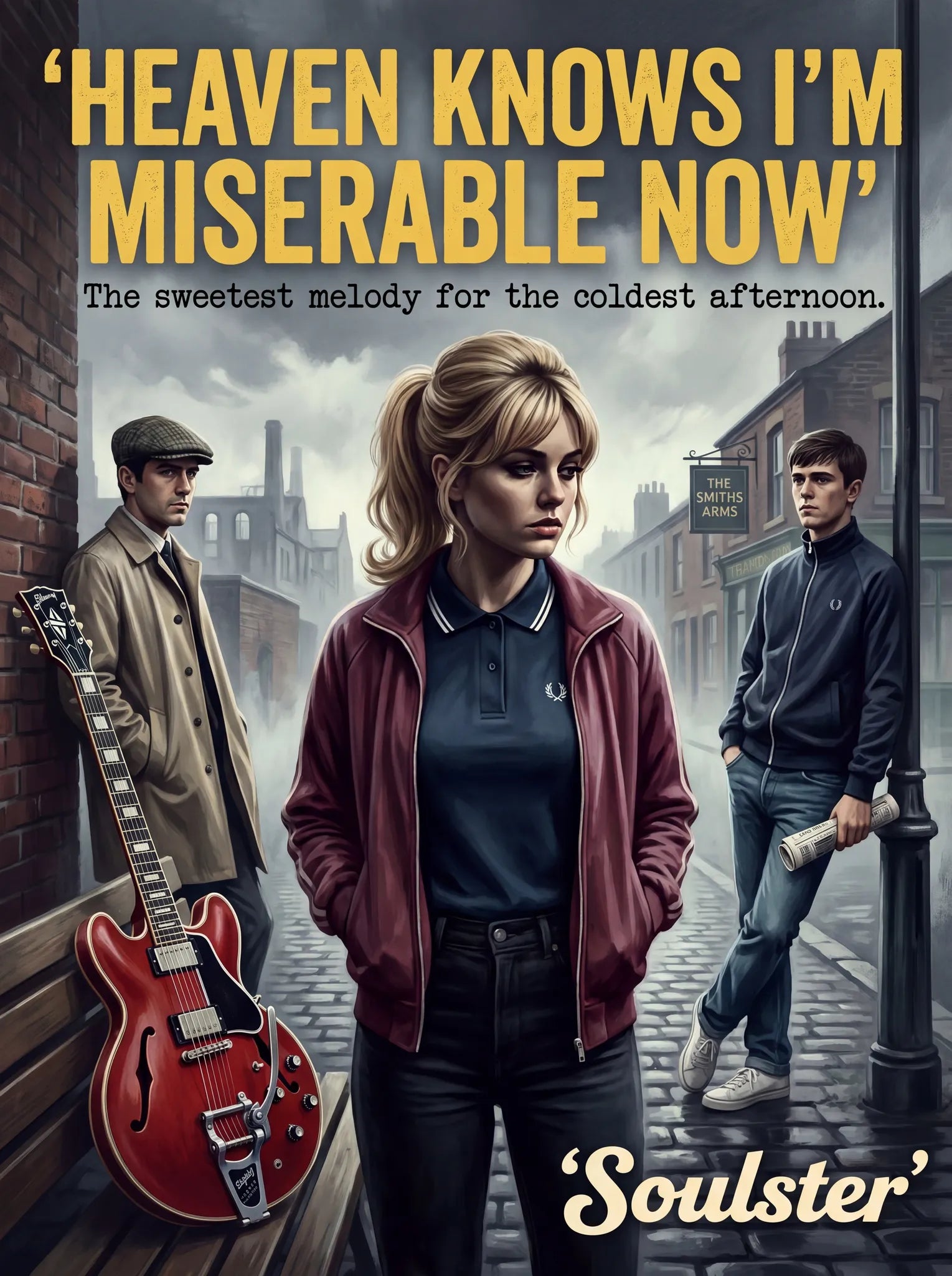 Soulster retro pulp thriller book cover style art print illustration inspired by The Smiths - Heaven Knows I'm Miserable Now.
