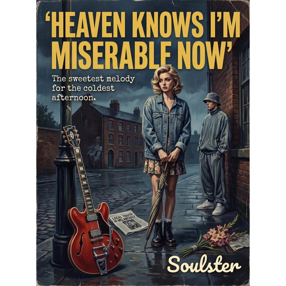 Soulster cinematic vintage pulp book cover art print illustration styled in a classic 1990s design layout inspired by Heaven Knows I'm Miserable Now.