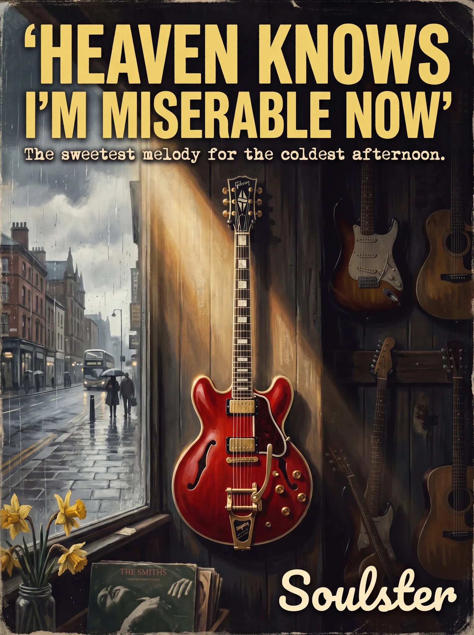 Soulster Manchester Edition wall art print showing a cinematic pulp style design of a Gibson ES-355 Custom inspired by Heaven Knows I'm Miserable Now.
