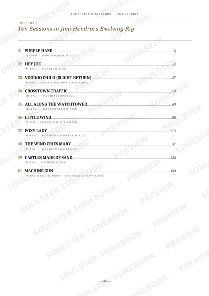 A printed table of contents page from 'The Soulster Tonebook' by Jimi Hendrix, listing ten song titles with page numbers under the heading 'Ten Sessions in Jimi Hendrix's Evolving Rig'.