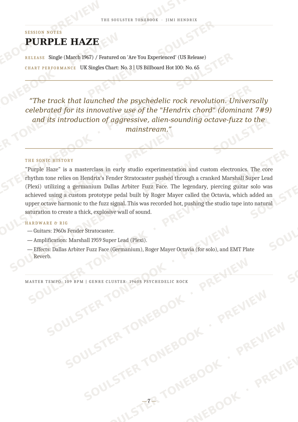 A scanned book or magazine page featuring an article about the music group Purple Haze, including a quote, track history, and a list of instruments and equipment. The page has a white background with black text and a purple title.