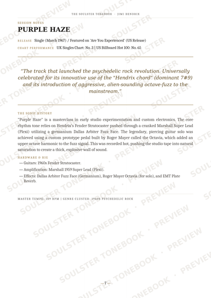 A scanned book or magazine page featuring an article about the music group Purple Haze, including a quote, track history, and a list of instruments and equipment. The page has a white background with black text and a purple title.