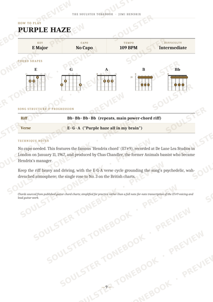 A printed guitar chord chart titled 'Purple Haze' from The Solstice Songbook, showing chord diagrams, song structure notes, chord substitutions, and a verse melody with printed guitar tablature.