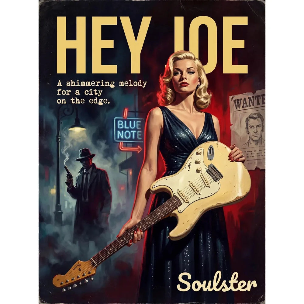 Soulster cinematic vintage pulp book cover art print illustration styled in a classic 1950s design layout inspired by Hey Joe.
