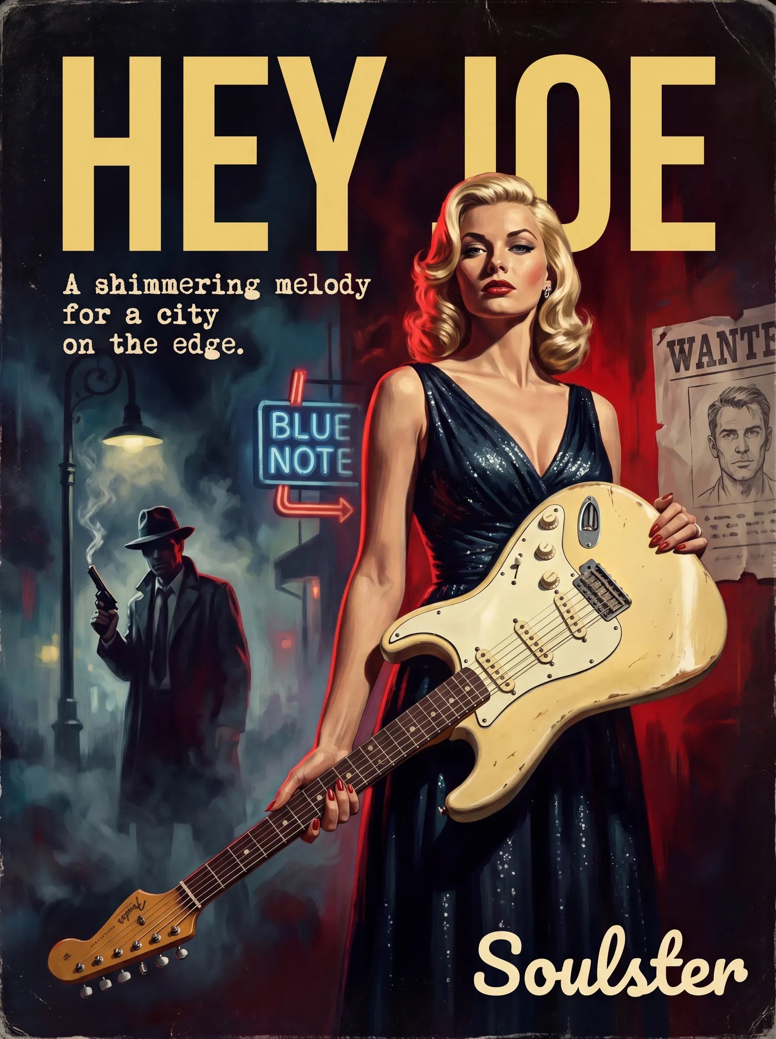 Soulster cinematic vintage pulp book cover art print illustration styled in a classic 1950s design layout inspired by Hey Joe.
