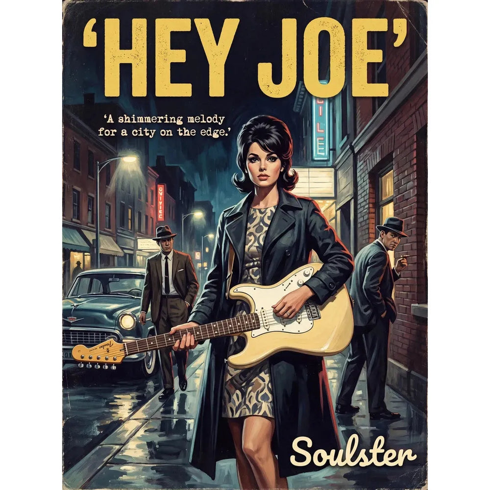 Soulster cinematic vintage pulp book cover art print illustration styled in a classic 1960s design layout inspired by Hey Joe.