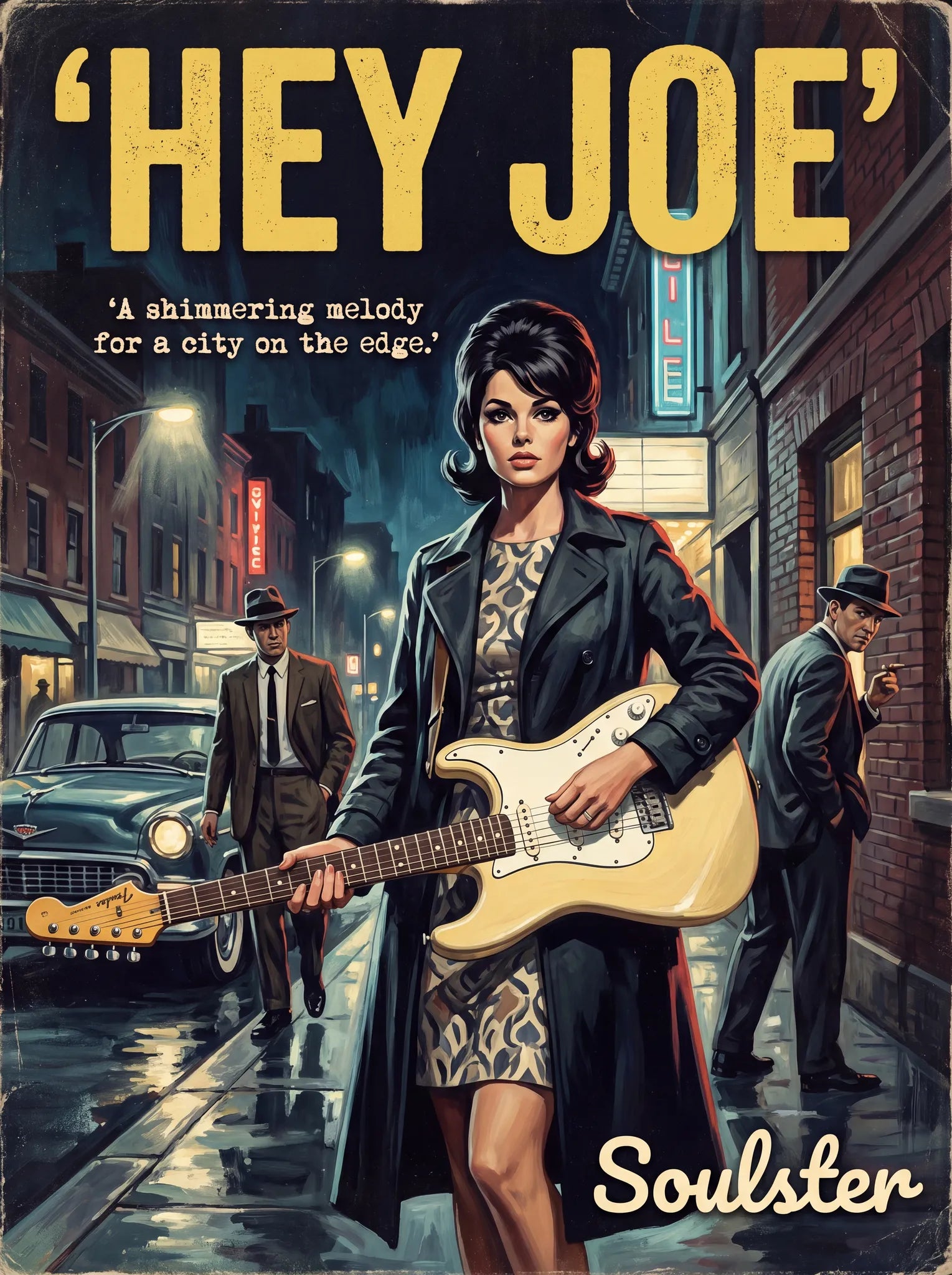 Soulster cinematic vintage pulp book cover art print illustration styled in a classic 1960s design layout inspired by Hey Joe.