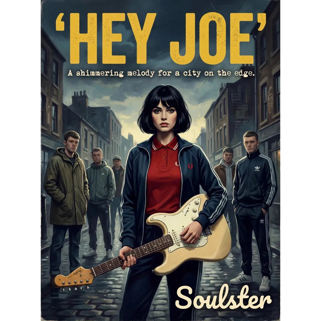 Soulster retro pulp thriller book cover style art print illustration inspired by Alternative Indie - Hey Joe.