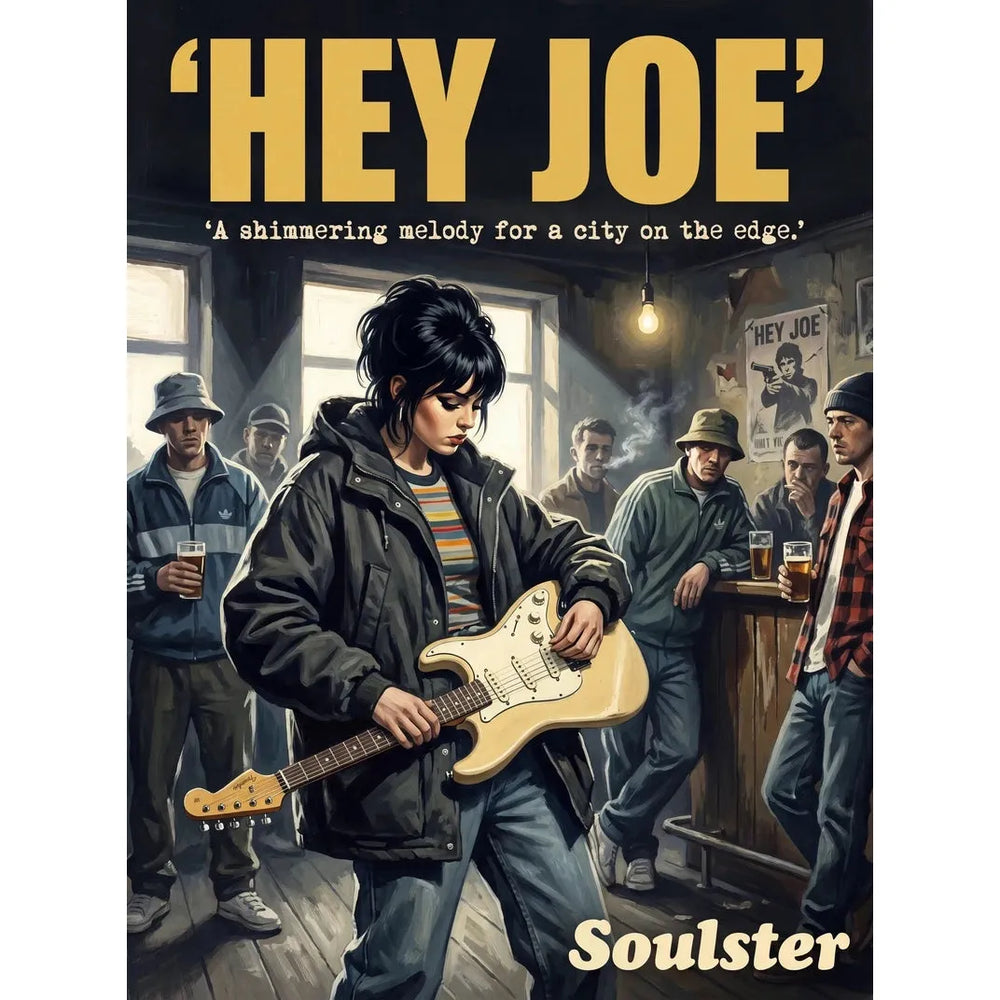 Soulster cinematic vintage pulp book cover art print illustration styled in a classic 1990s design layout inspired by Hey Joe.