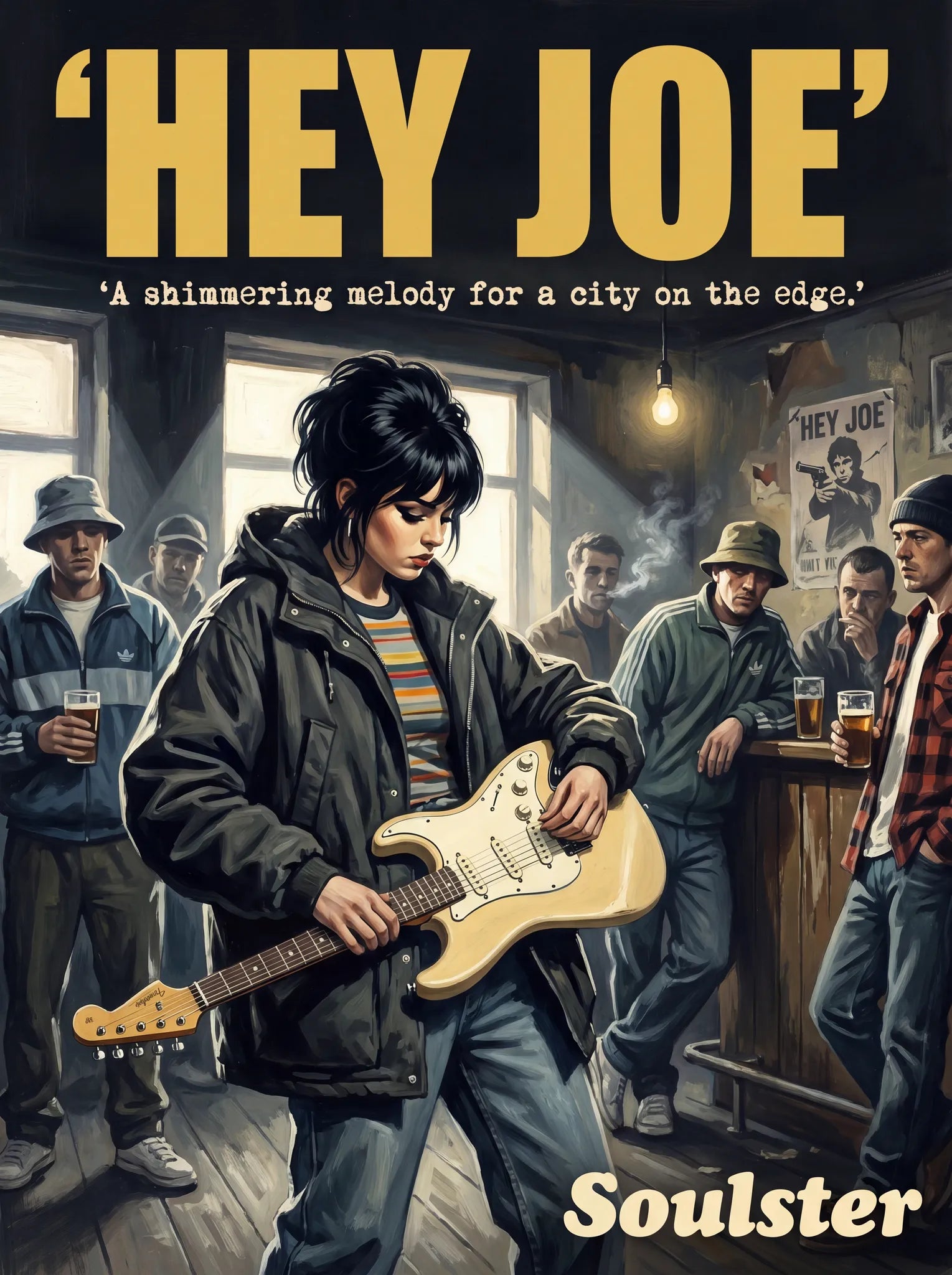 Soulster cinematic vintage pulp book cover art print illustration styled in a classic 1990s design layout inspired by Hey Joe.