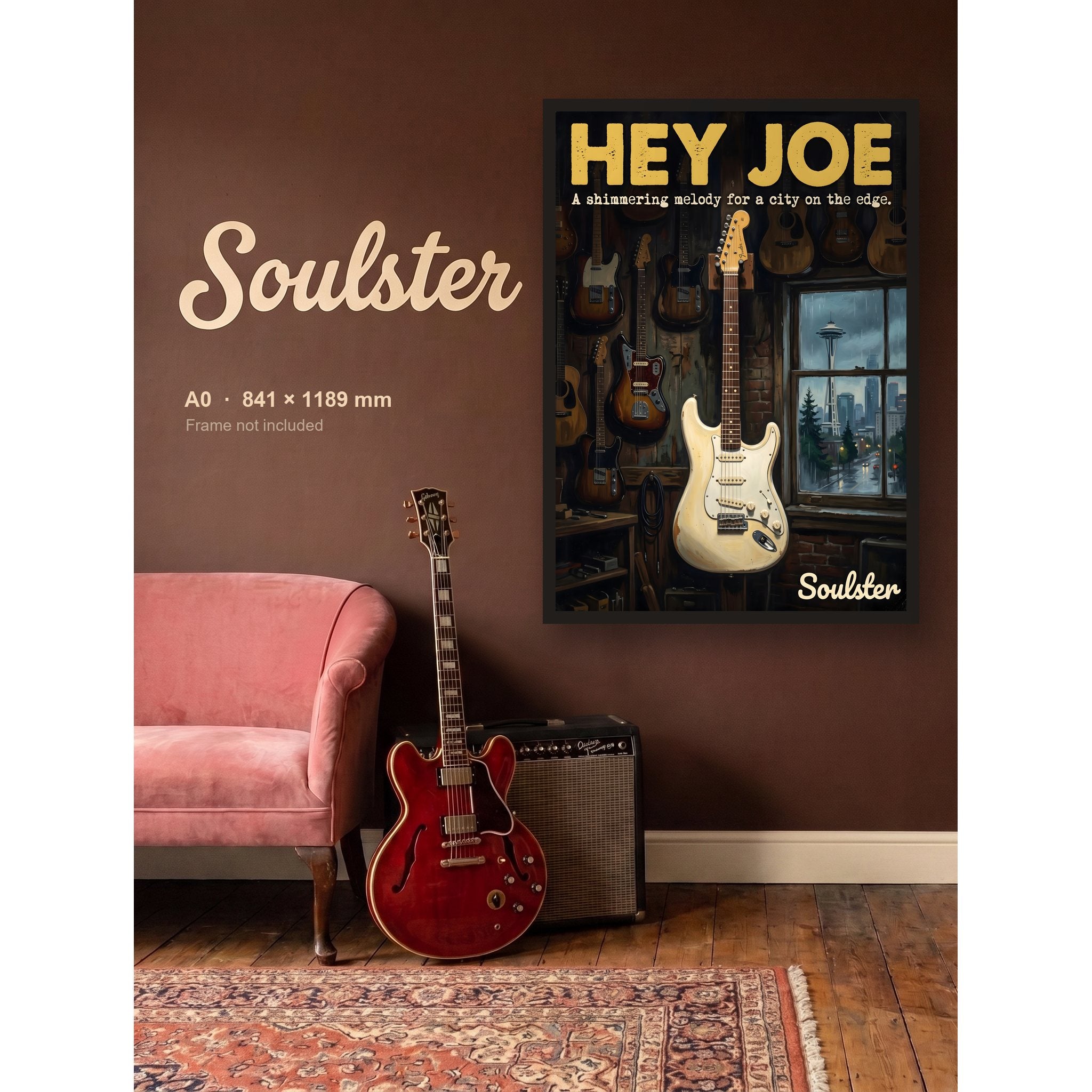 Hey Joe - Seattle shown framed on a wall in A0 size. Frame not included.