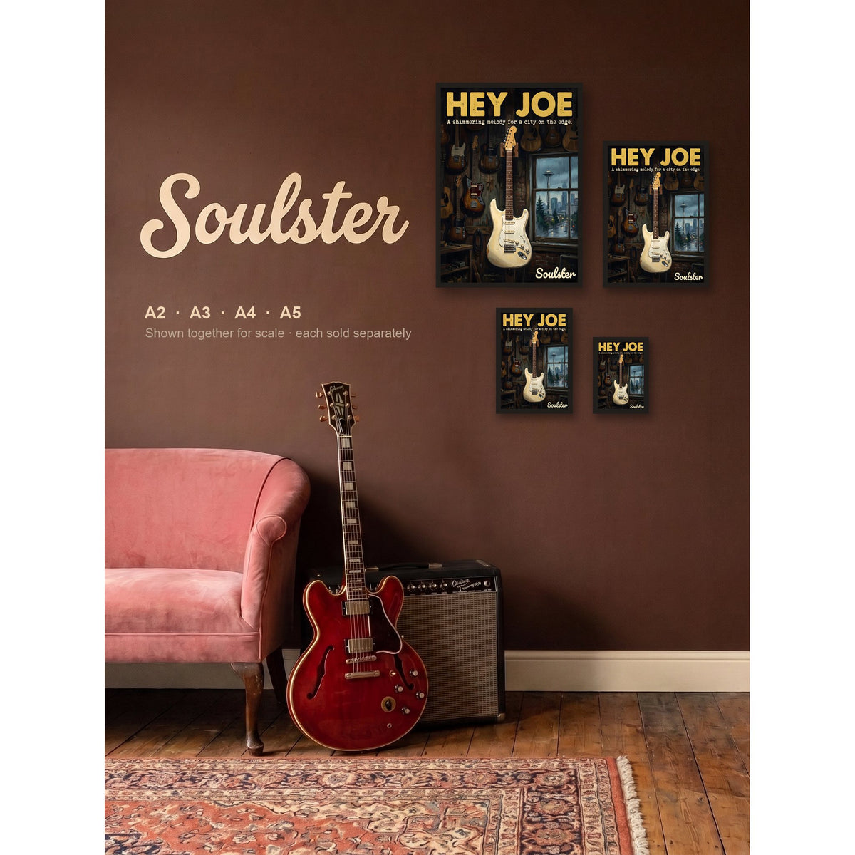 Hey Joe - Seattle shown in A2, A3, A4 and A5 sizes together for scale.