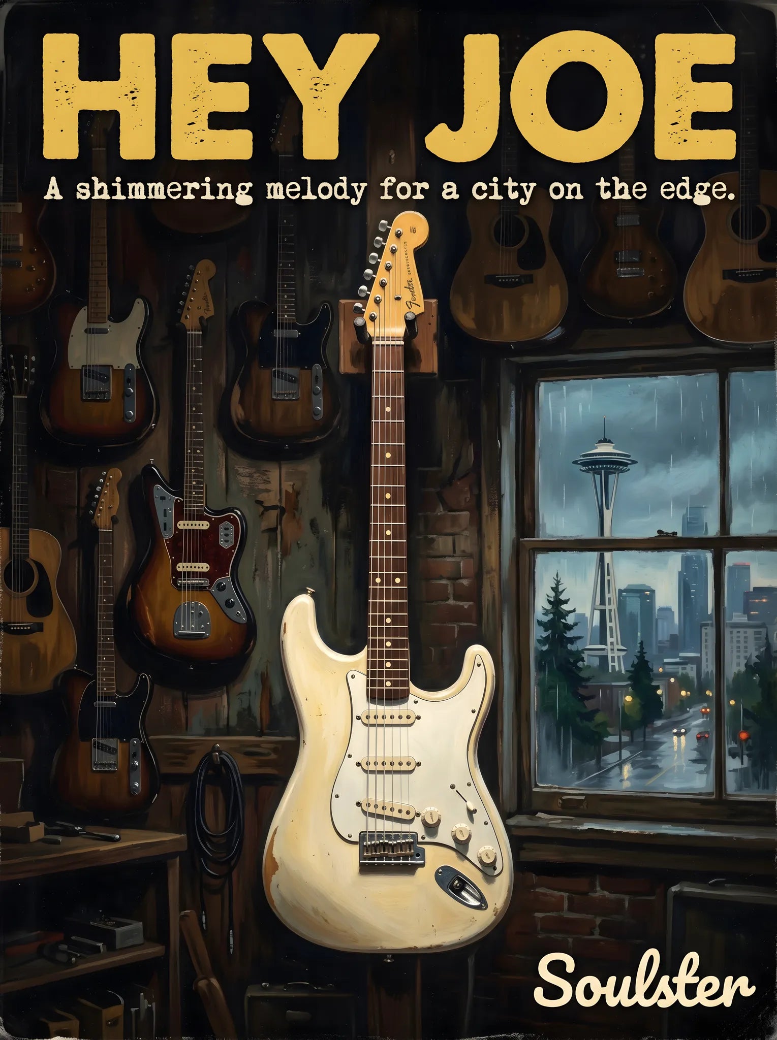 Soulster Manchester Edition wall art print showing a cinematic pulp style design of a Vintage Guitar inspired by Hey Joe - Seattle.