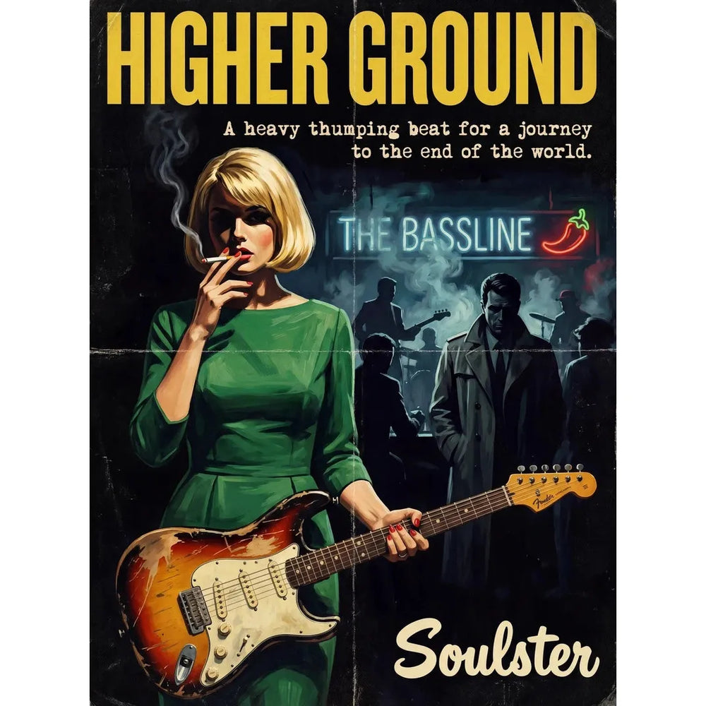 Soulster cinematic vintage pulp book cover art print illustration styled in a classic 1950s design layout inspired by Higher Ground.
