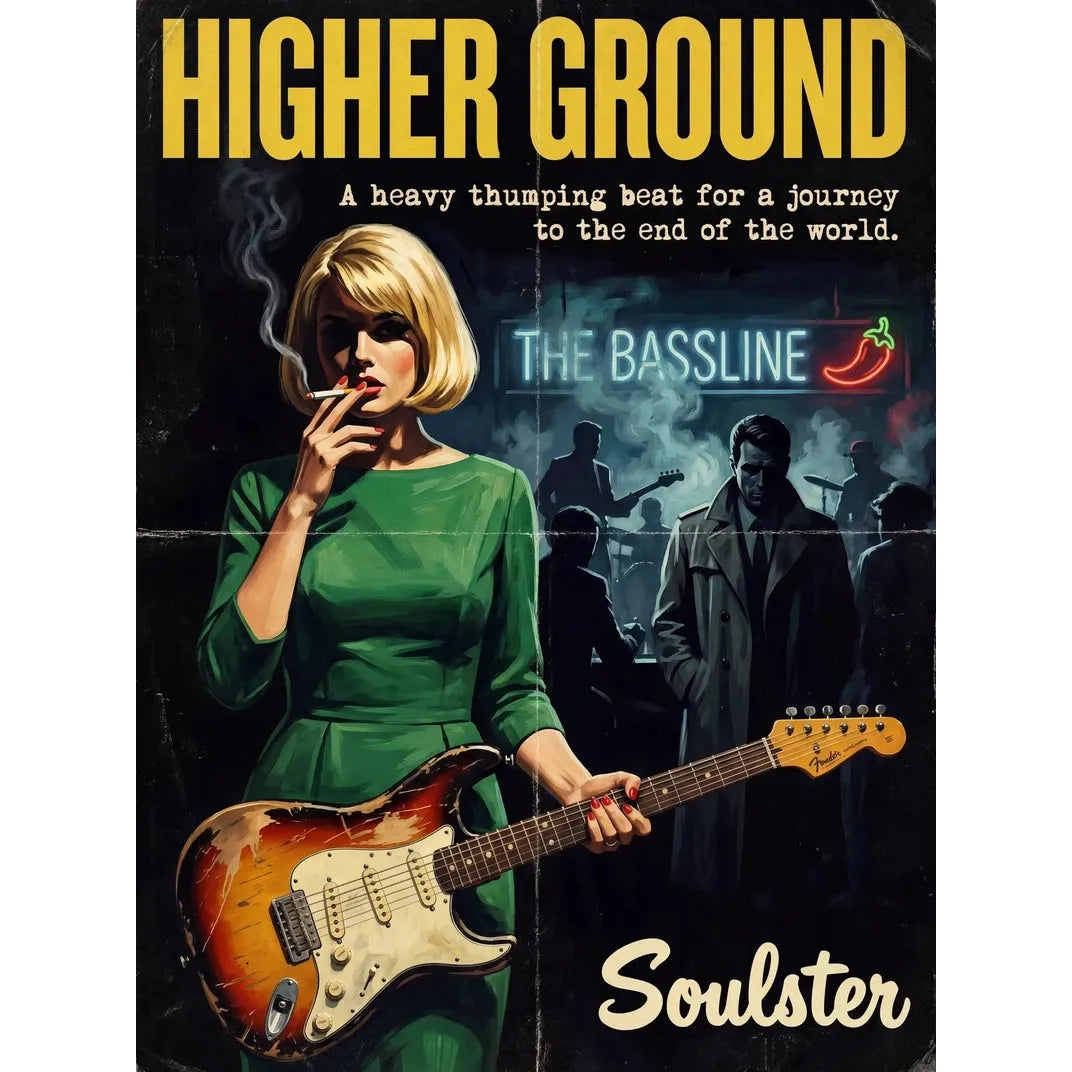 Soulster cinematic vintage pulp book cover art print illustration styled in a classic 1950s design layout inspired by Higher Ground.