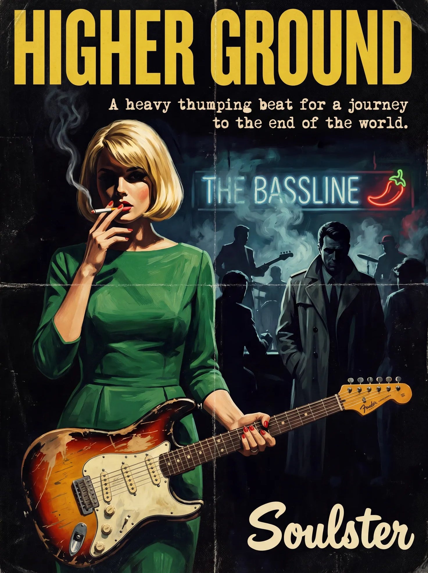Soulster cinematic vintage pulp book cover art print illustration styled in a classic 1950s design layout inspired by Higher Ground.