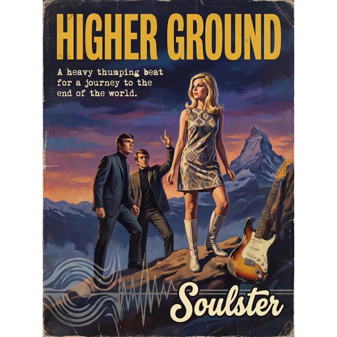 Soulster cinematic vintage pulp book cover art print illustration styled in a classic 1960s design layout inspired by Higher Ground.