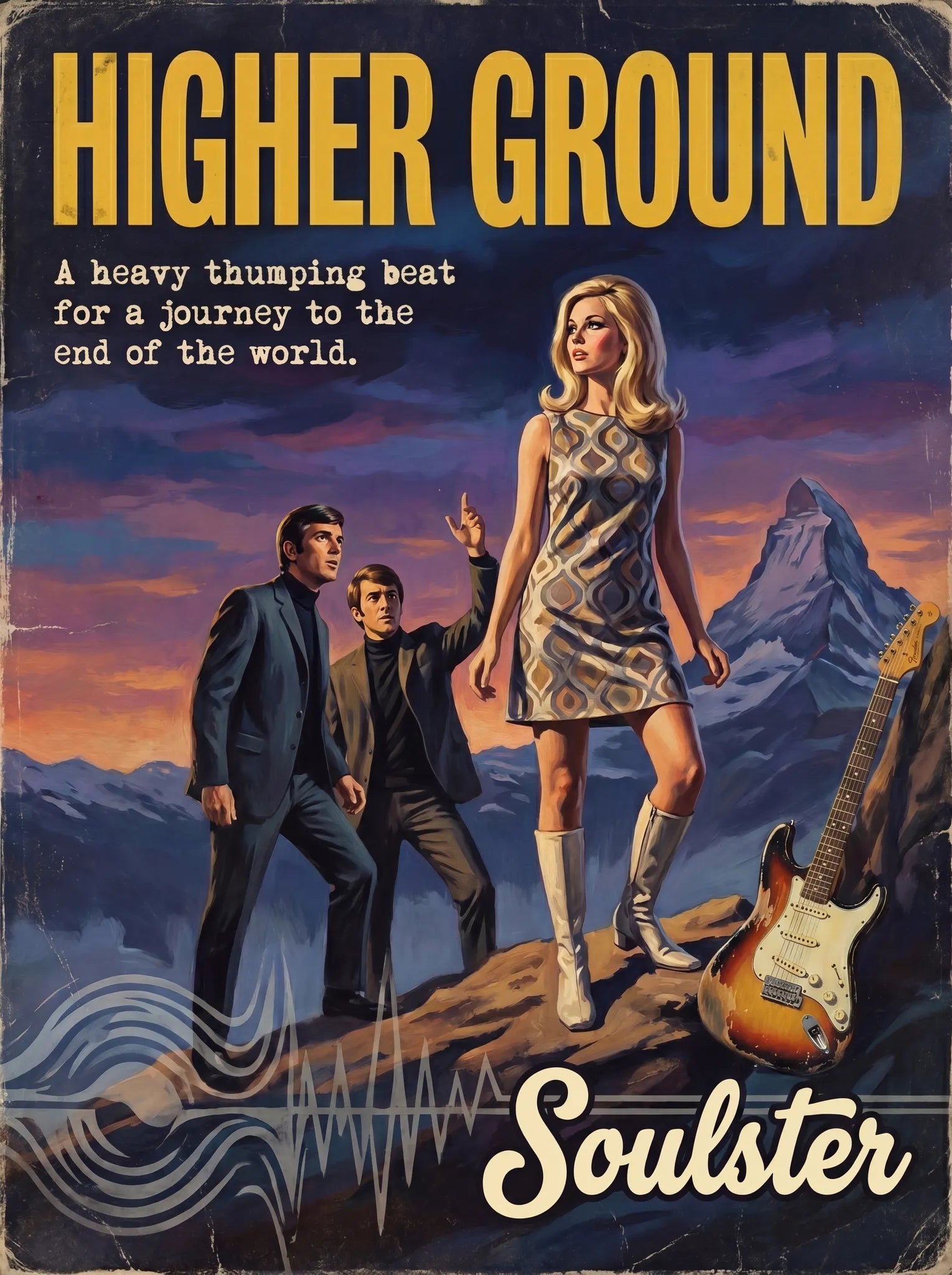 Soulster cinematic vintage pulp book cover art print illustration styled in a classic 1960s design layout inspired by Higher Ground.