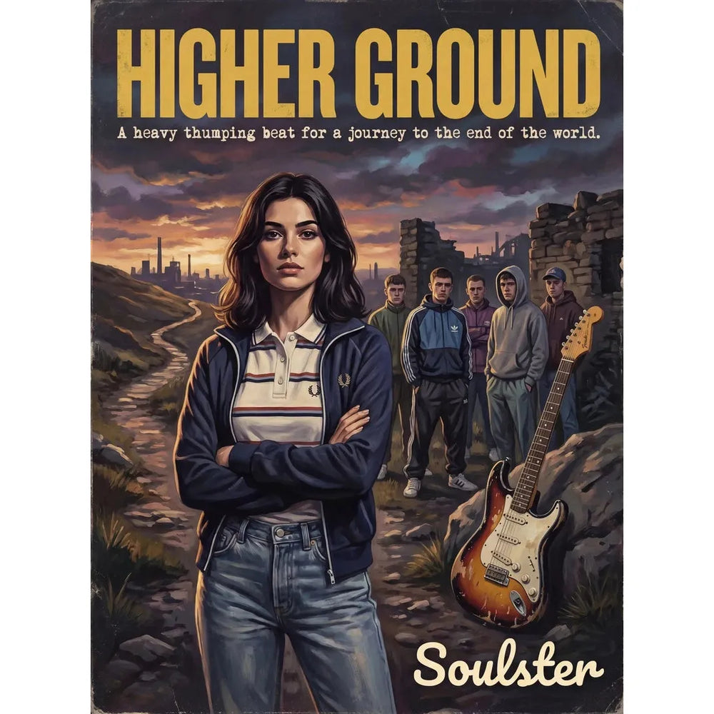 Soulster retro pulp thriller book cover style art print illustration inspired by Alternative Indie - Higher Ground.