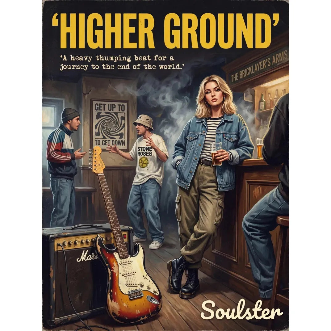 Soulster cinematic vintage pulp book cover art print illustration styled in a classic 1990s design layout inspired by Higher Ground.