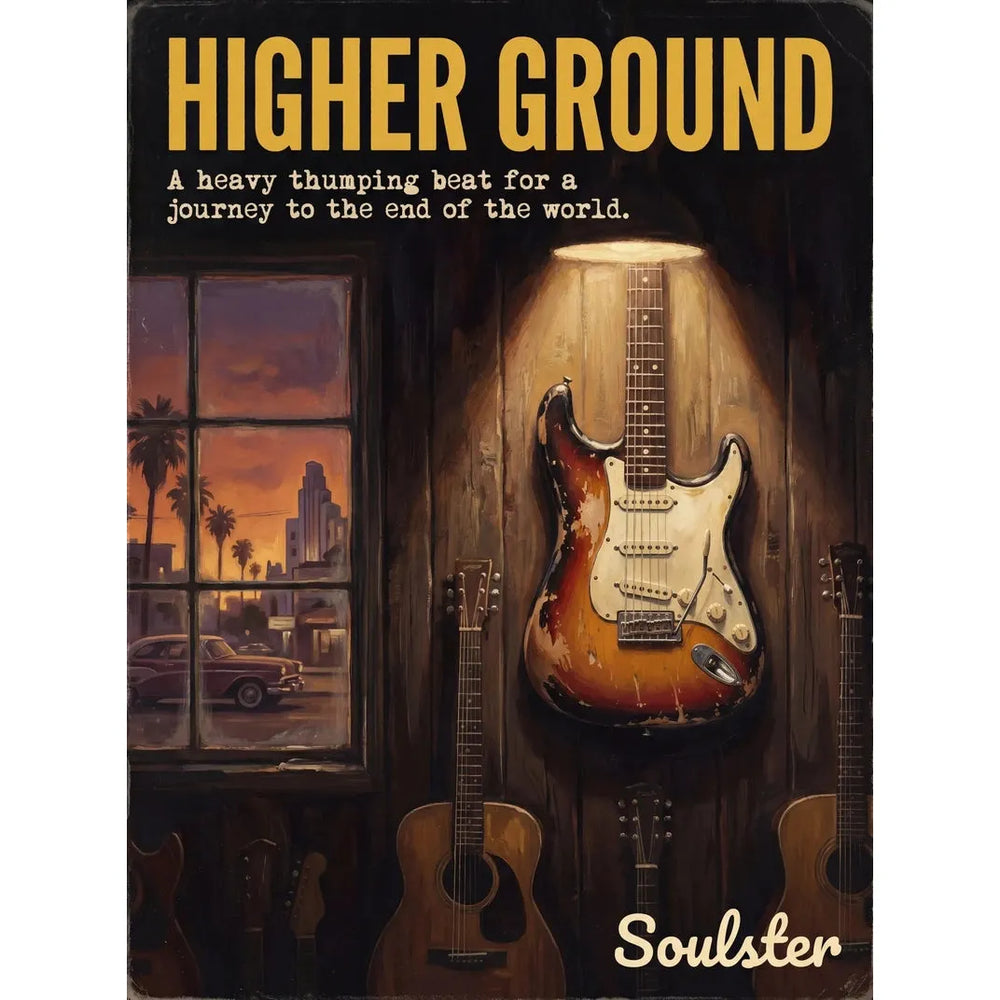 Soulster Manchester Edition wall art print showing a cinematic pulp style design of a Vintage Guitar inspired by Higher Ground - Los Angeles.