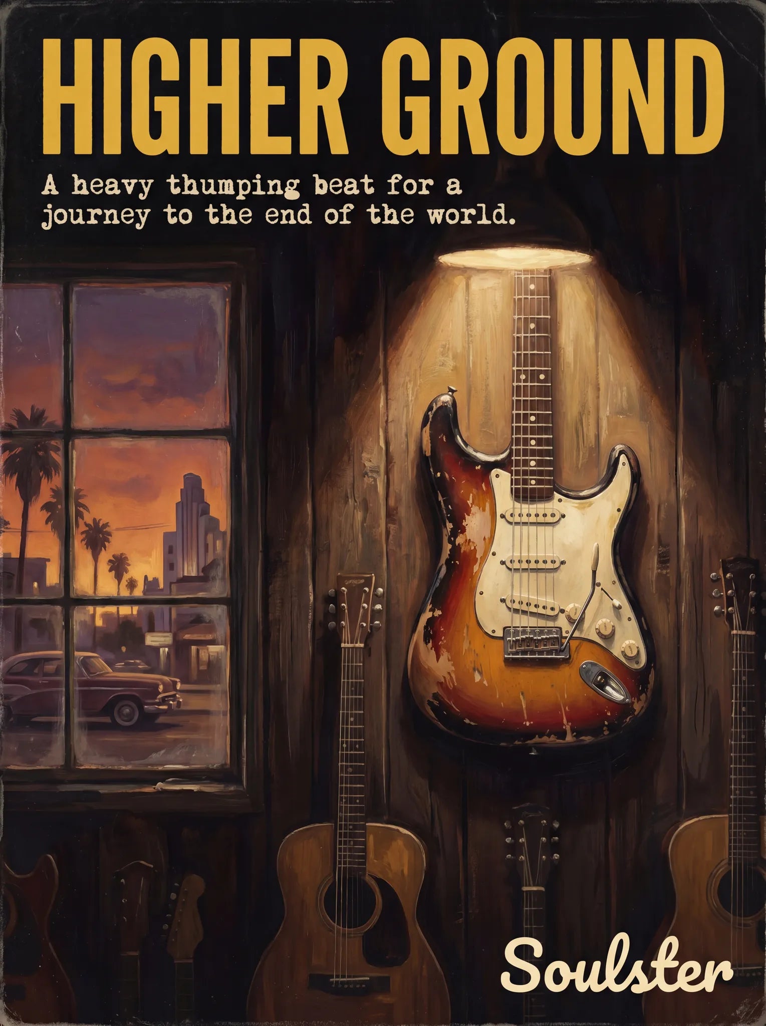 Soulster Manchester Edition wall art print showing a cinematic pulp style design of a Vintage Guitar inspired by Higher Ground - Los Angeles.