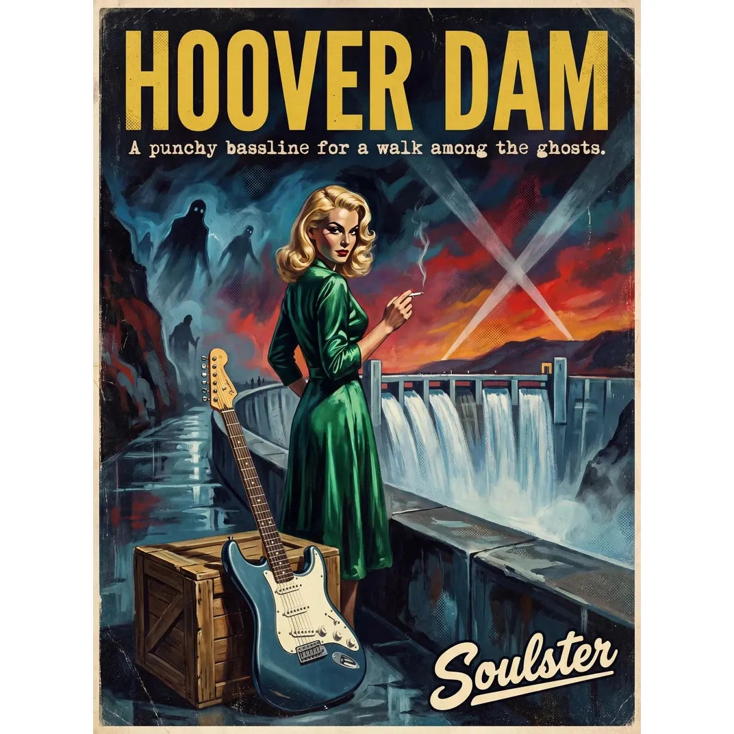 Soulster cinematic vintage pulp book cover art print illustration styled in a classic 1950s design layout inspired by Hoover Dam.