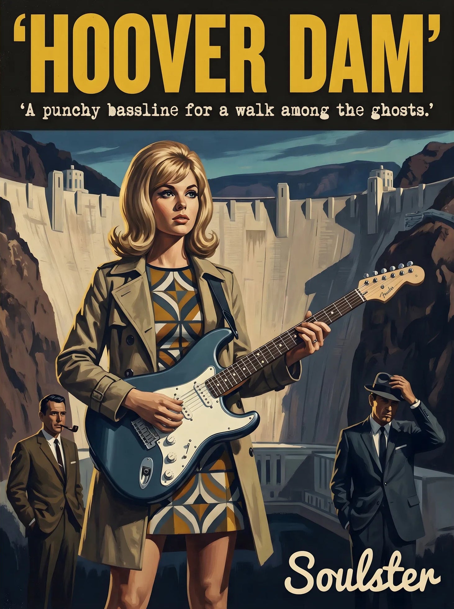 Soulster cinematic vintage pulp book cover art print illustration styled in a classic 1960s design layout inspired by Hoover Dam.