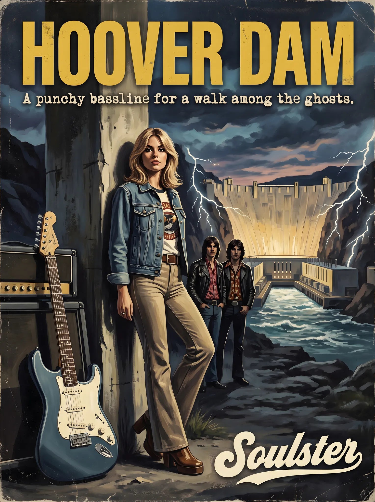 Soulster cinematic vintage pulp book cover art print illustration styled in a classic 1970s design layout inspired by Hoover Dam.