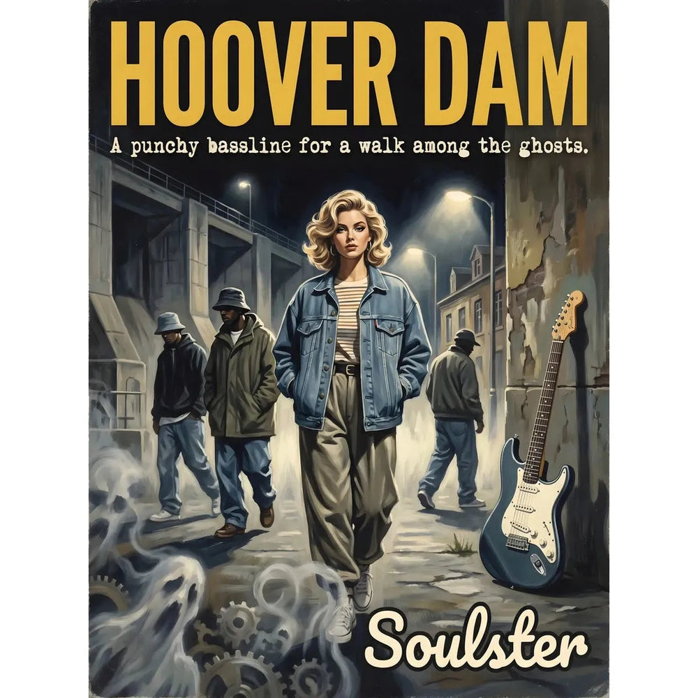 Soulster cinematic vintage pulp book cover art print illustration styled in a classic 1990s design layout inspired by Hoover Dam.