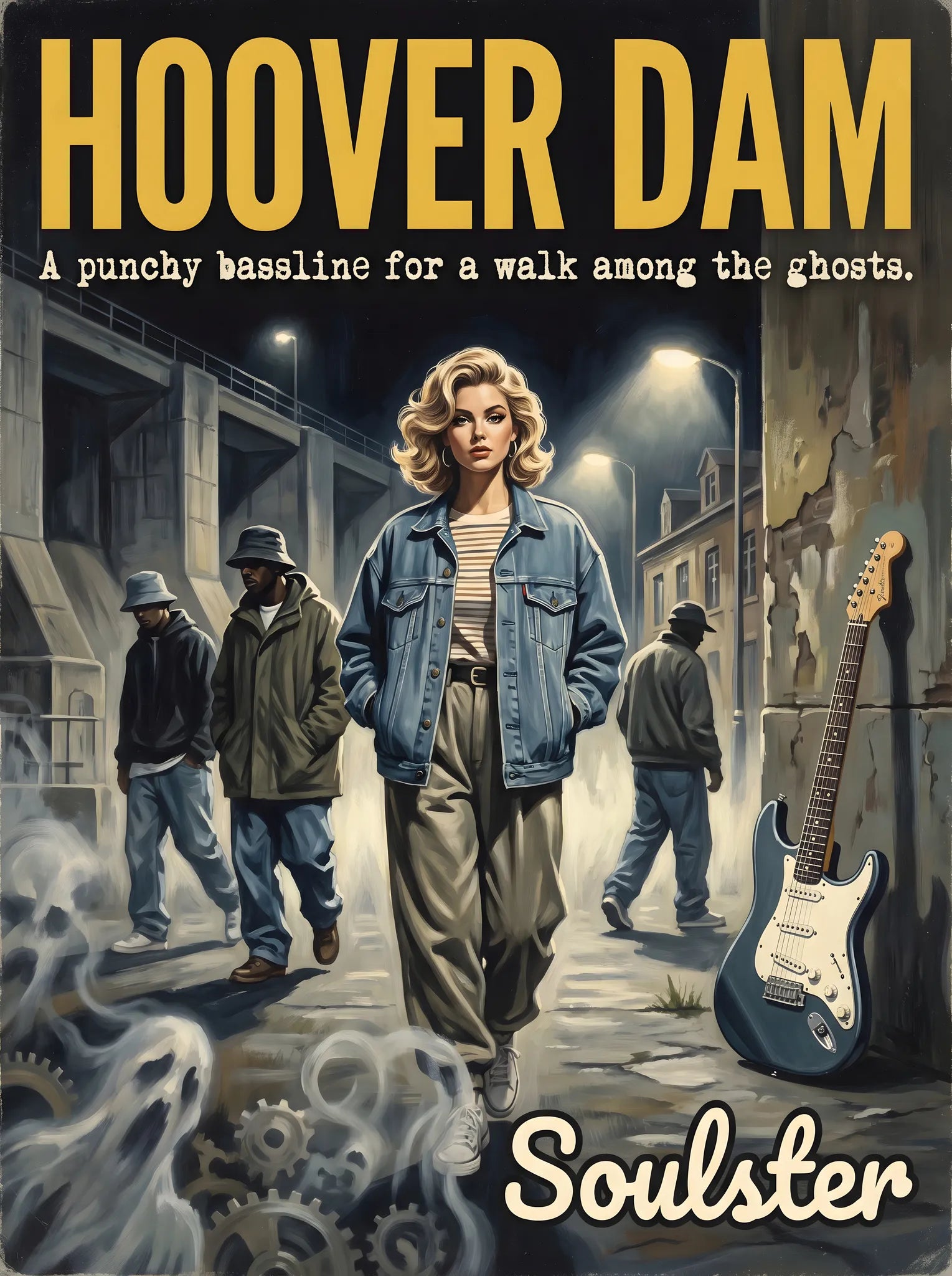 Soulster cinematic vintage pulp book cover art print illustration styled in a classic 1990s design layout inspired by Hoover Dam.