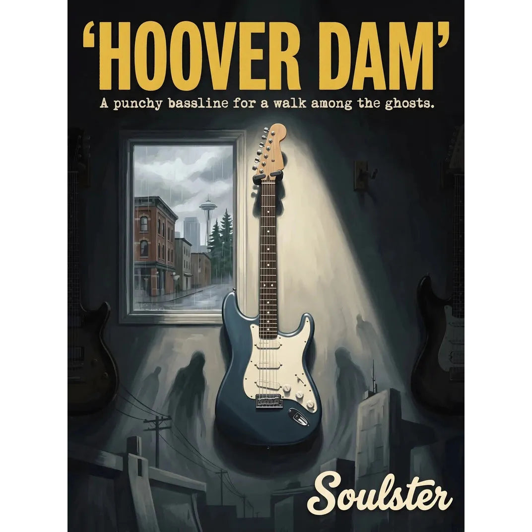 Soulster Manchester Edition wall art print showing a cinematic pulp style design of a Vintage Guitar inspired by Hoover Dam - Seattle.
