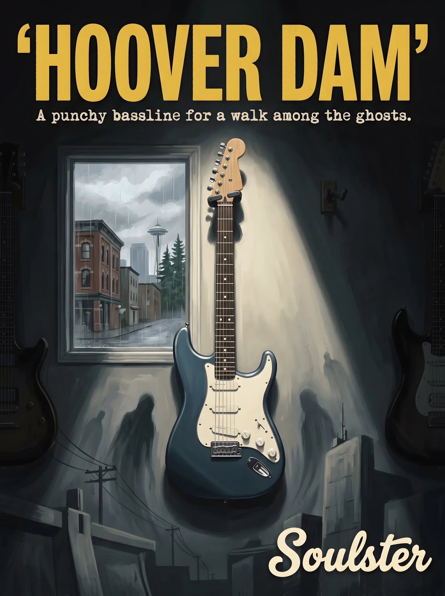 Soulster Manchester Edition wall art print showing a cinematic pulp style design of a Vintage Guitar inspired by Hoover Dam - Seattle.