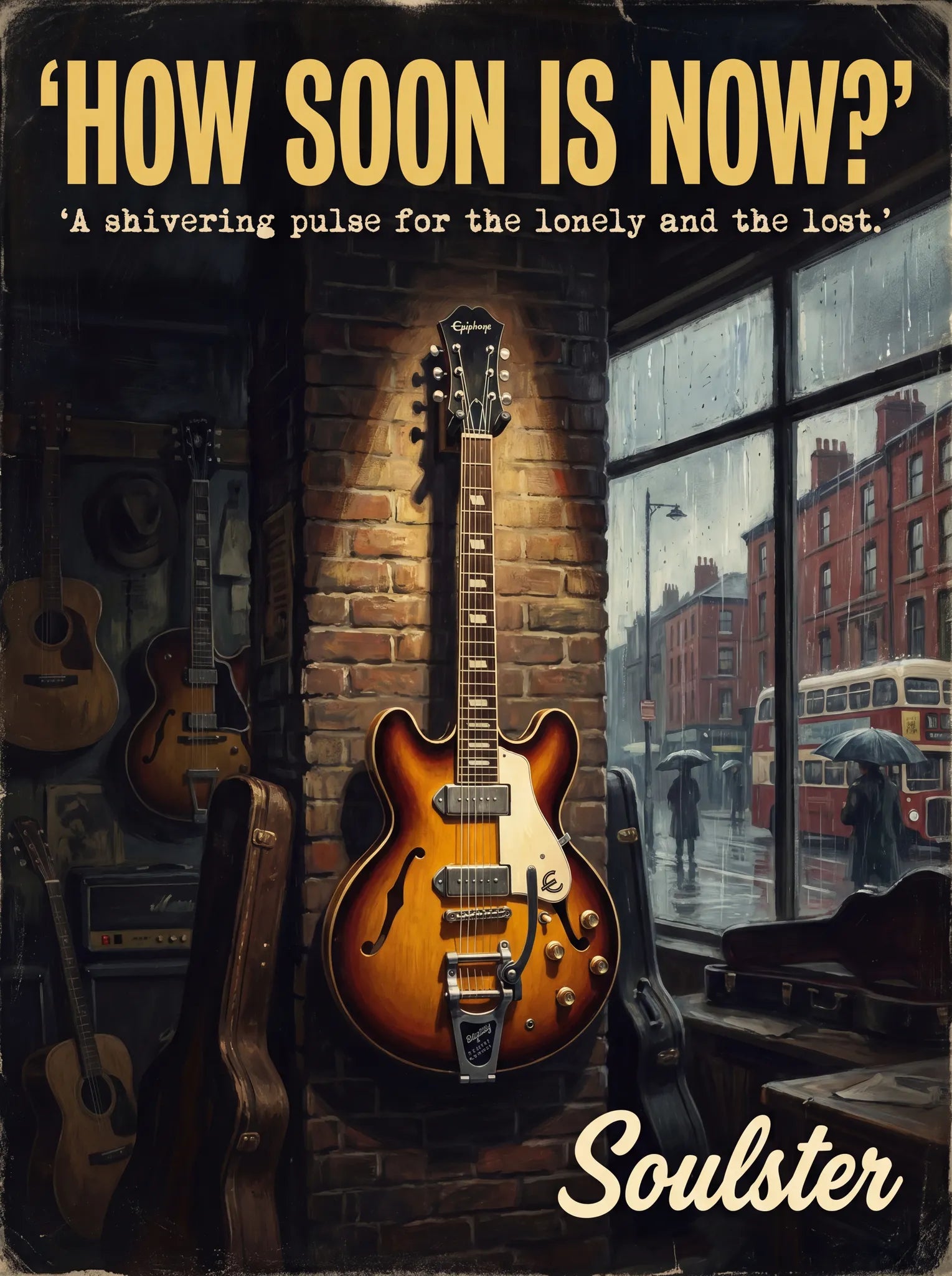 Soulster Manchester Edition wall art print showing a cinematic pulp style design of a Epiphone Casino inspired by How Soon Is Now?.