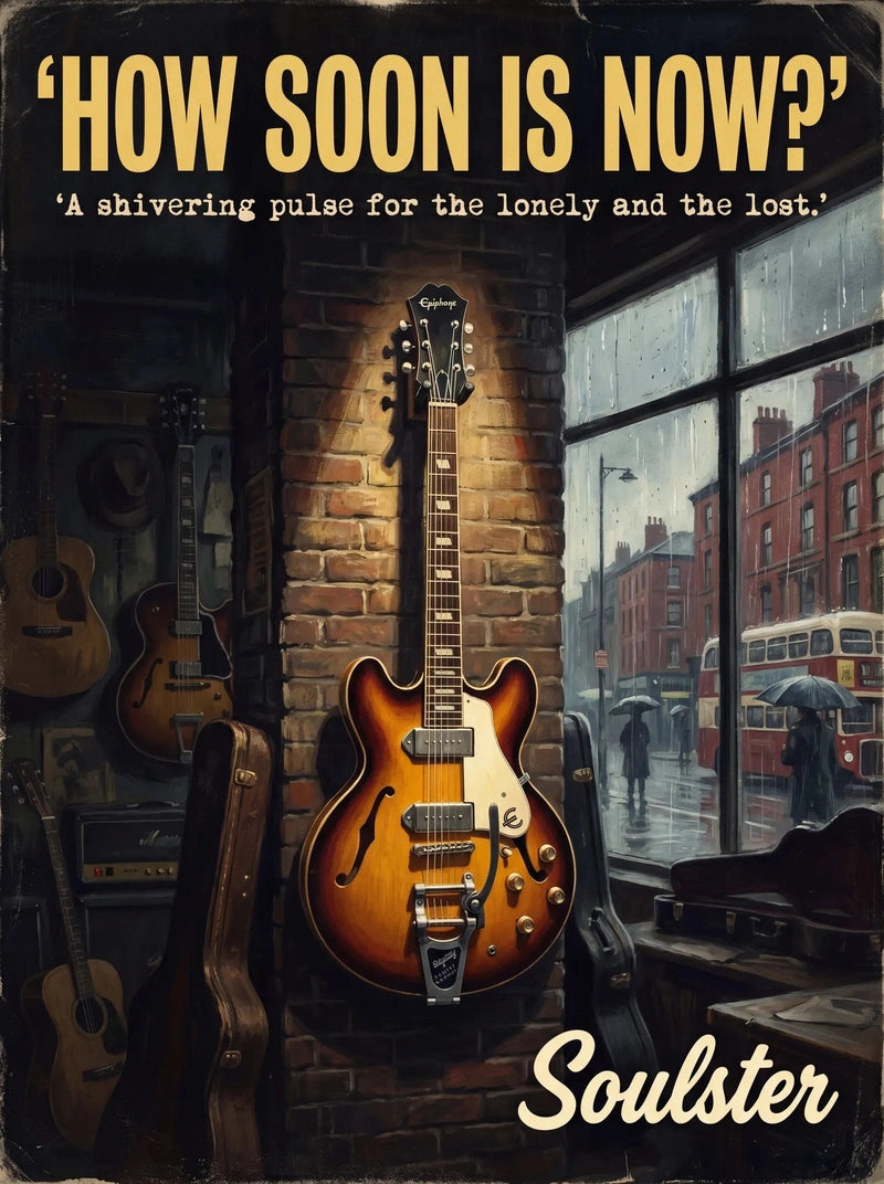 Soulster Manchester Edition wall art print showing a cinematic pulp style design of a Epiphone Casino inspired by How Soon Is Now?.